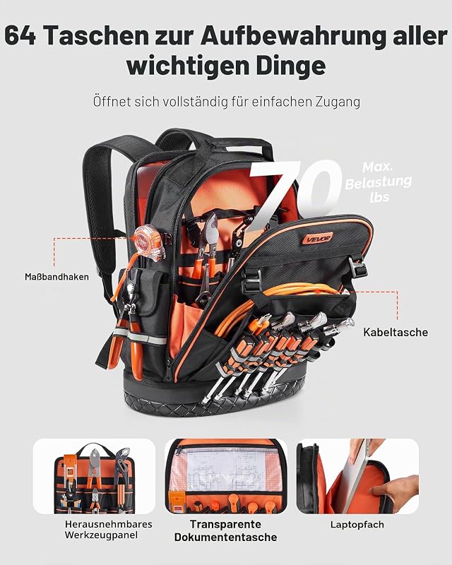 Werkzeugrucksack, 64 Taschen, Werkzeug-Aufbewahrungs-Organizer, Backpack mit Laptopfach & geformtem Boden, Baustellenrucksack für Elektriker, Reparaturarbeiter & Heizungstechniker