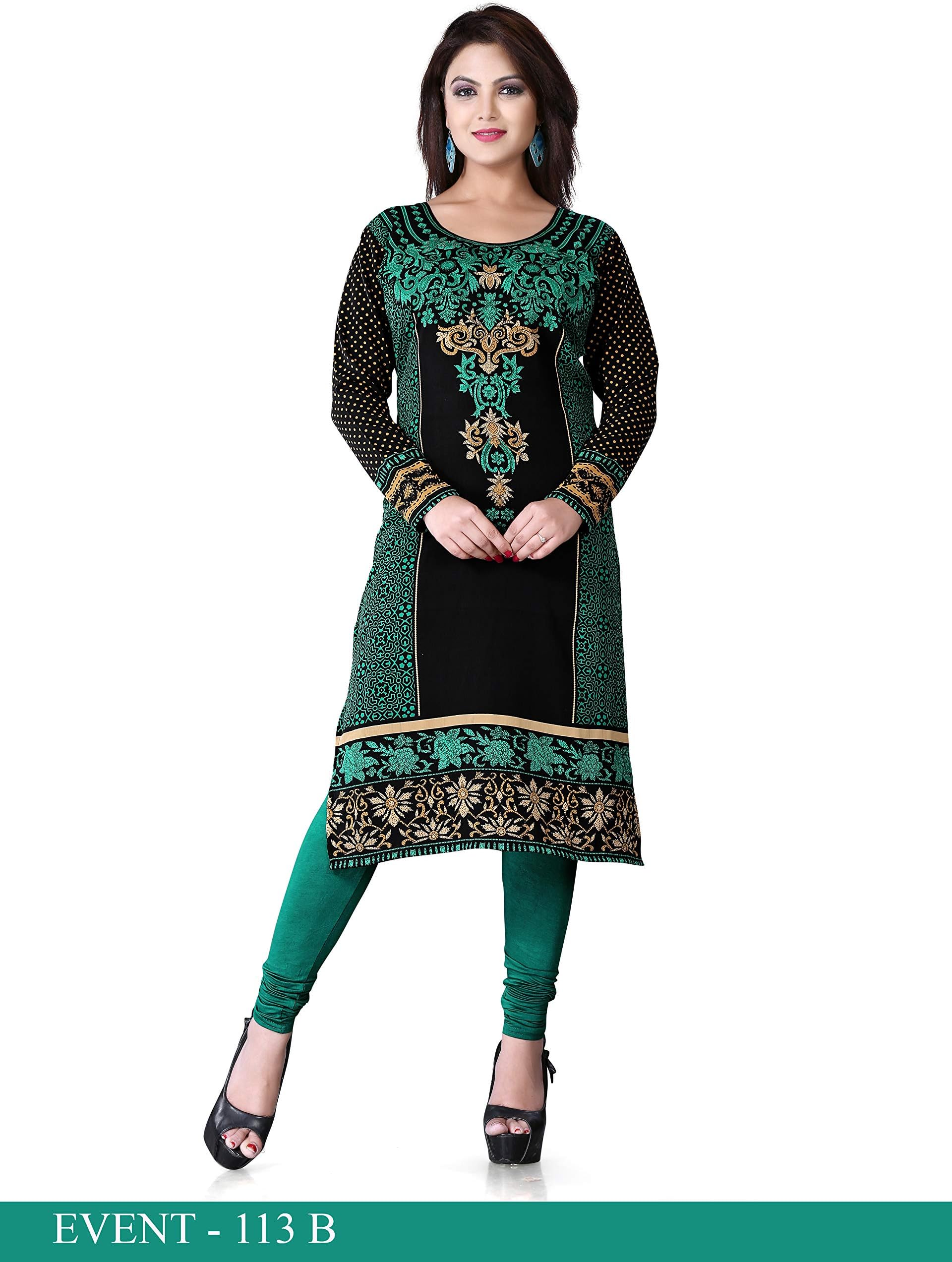 Shoma New Women Indian Designer Long Printed Black/Green Crepe Silk Kurta Kurtis Tunic Top Blouse Women