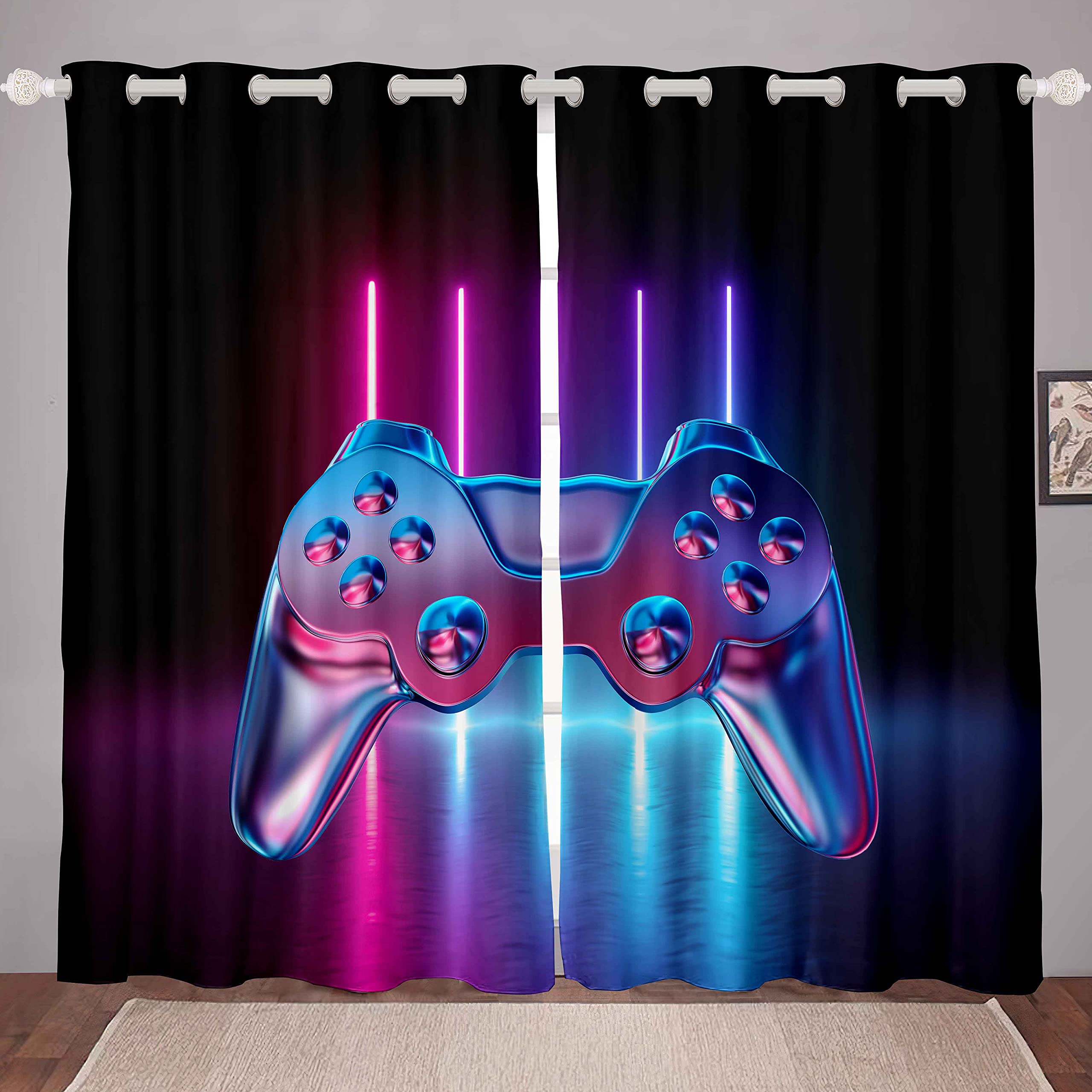 Loussiesd Boys Game Curtains for Bedroom Living Room Gradient Neon Gamepad Curtains for Kids Teens Video Game Gamepad Windows Drapes Novelty Game Controller Curtains,W46*L72