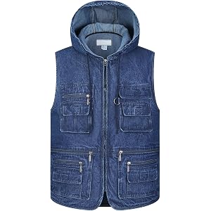 OU YA WOLF Men's Zipper Multi Pockets Hooded Vest Outdoor Travel Fishing Hunting Photo Utility Work Cargo Denim Blue Jacket
