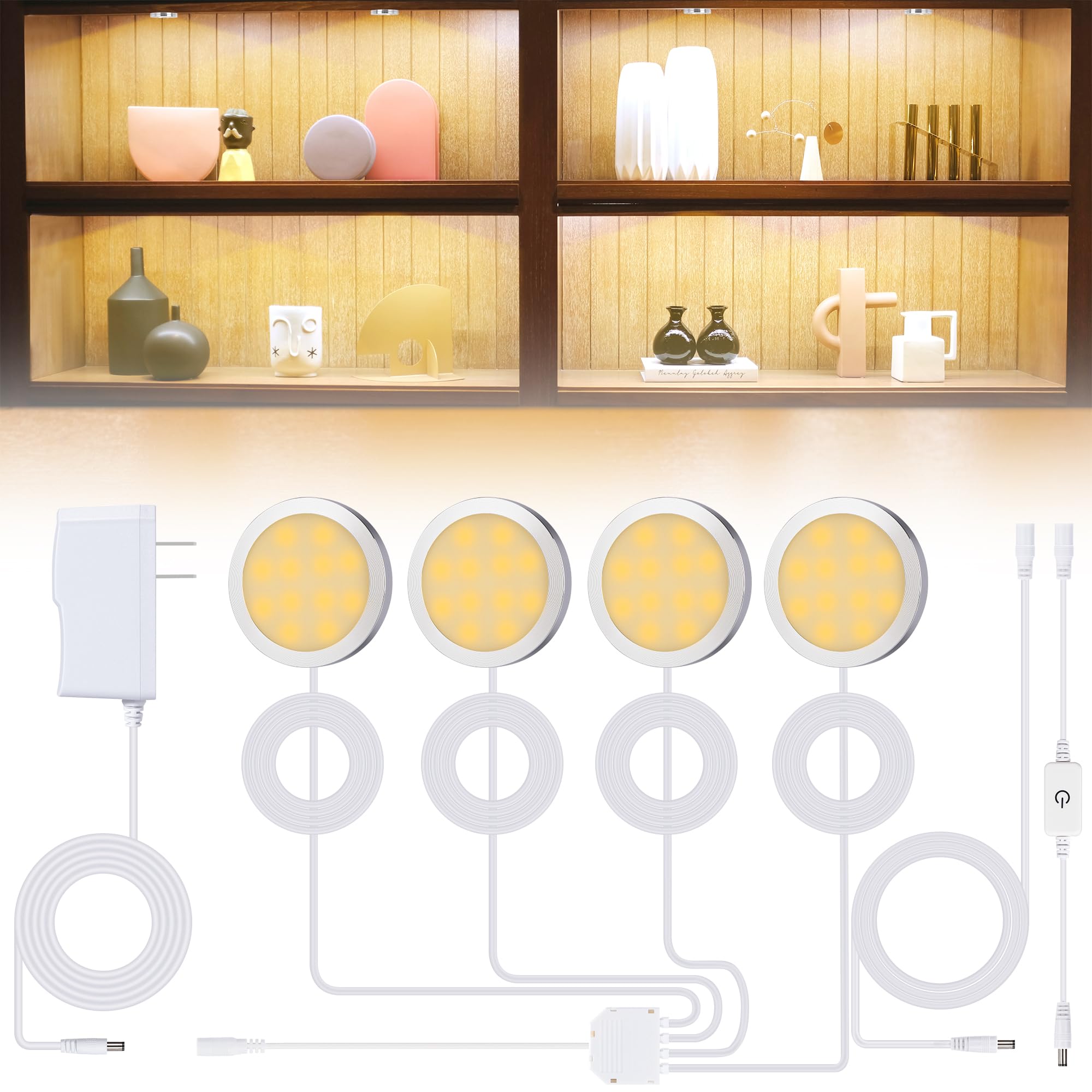 Photo 1 of 4-Pack LED Puck Lights Wired, Dimmable Display Case Lighting, Under Cabinet Puck Lights with Memory Function, Warm White Plug-in Round Shelf Lighting, Cabinet Lights for Shelves, Kitchen, 3000K