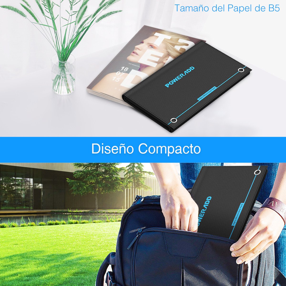 POWERADD Panel Solar 24W Portatil Cargador Solar Plegable con 2 USB de Salida Puertos 5V/2.4A para Dipositivos Móviles USB Recargables