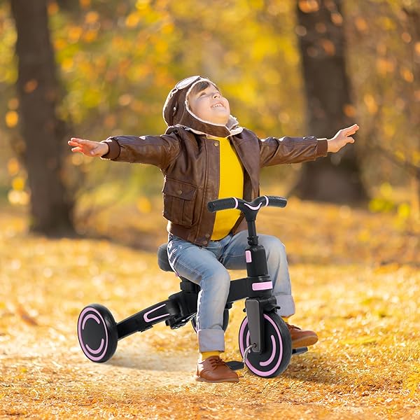 ANECO 9-IN-1 MULTI-FUNCTIONAL BABY TRICYCLE FOR TODDLERS 10 MONTHS-3 YEARS WITH REMOVABLE CANOPY ROTATABLE SEAT SAFETY HARNESS WHEEL BRAKE ADJUSTABLE PUSH HANDLE STORAGE BAG CUP HOLDER, BLACK AND PINK