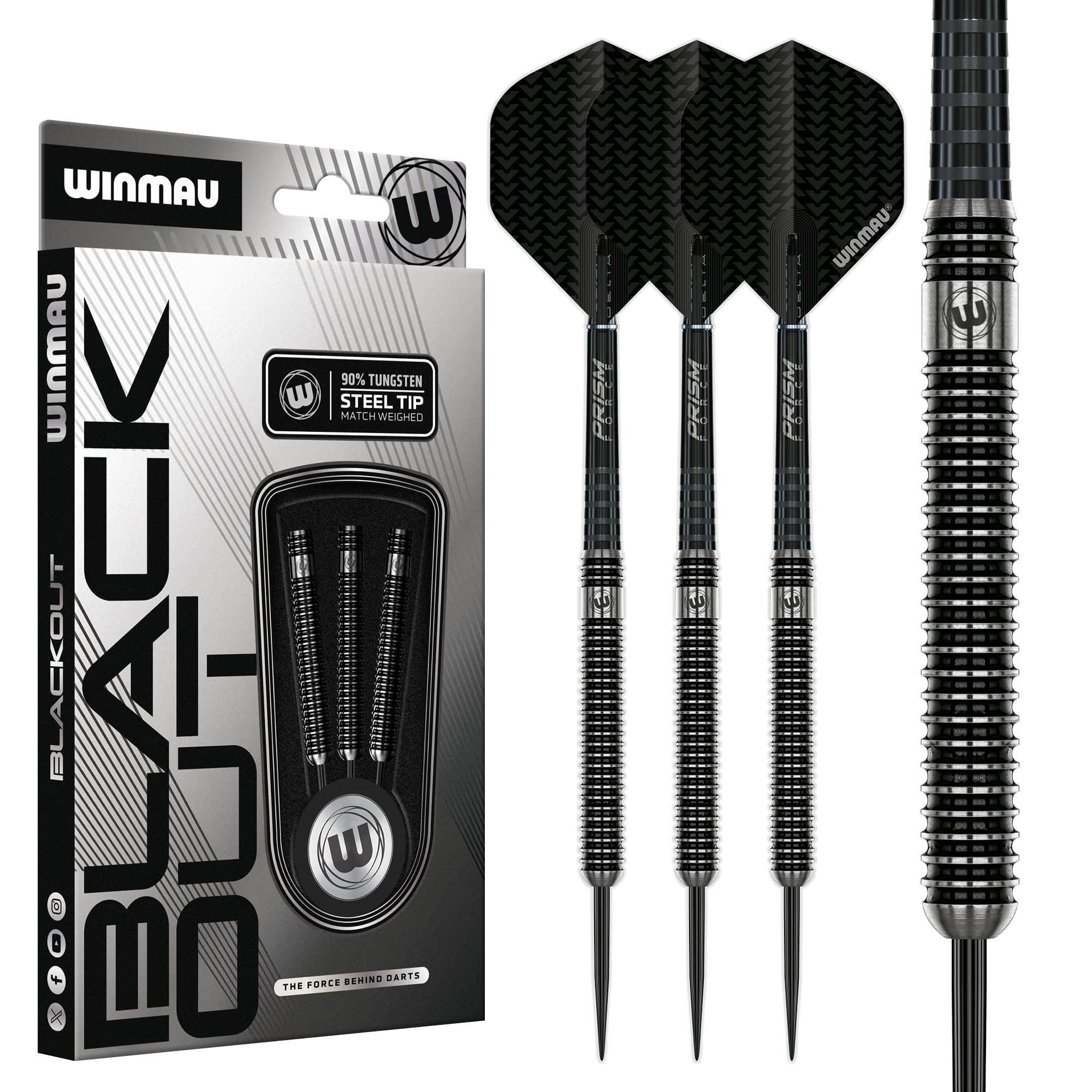 WINMAU Blackout Series 25g Parallel Steel Tip Dart Set | 90% Tungsten Darts - Professional Darts Set with Dart Flights & Shafts