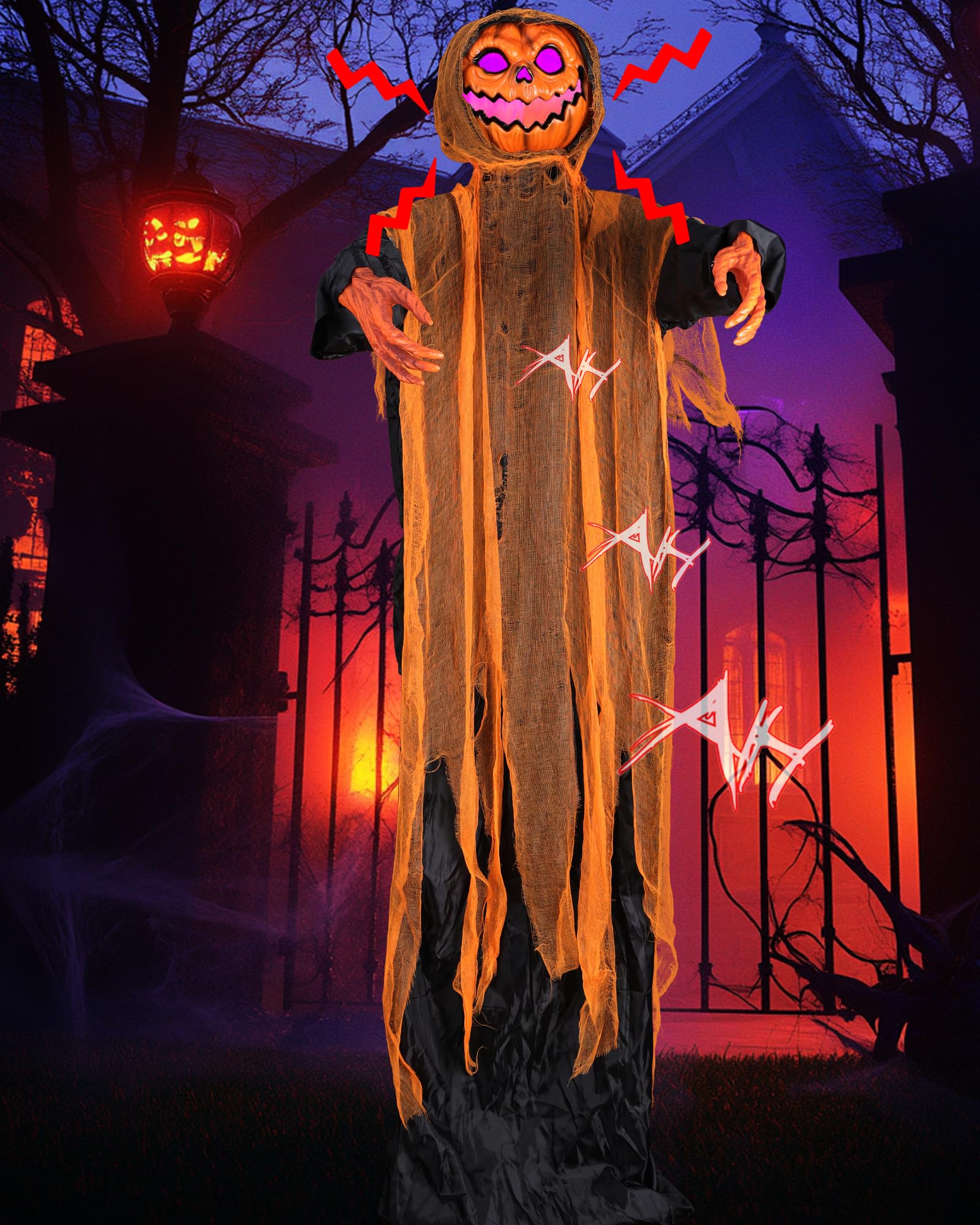 Photo 1 of Joomer Animated Halloween Decorations Outdoor, Life-Size Animatronic Standing Pumpkin Man Decoration with Spooky Sound Activated Sensor for Haunted House, Party, Indoor,Outdoor Halloween Decoration