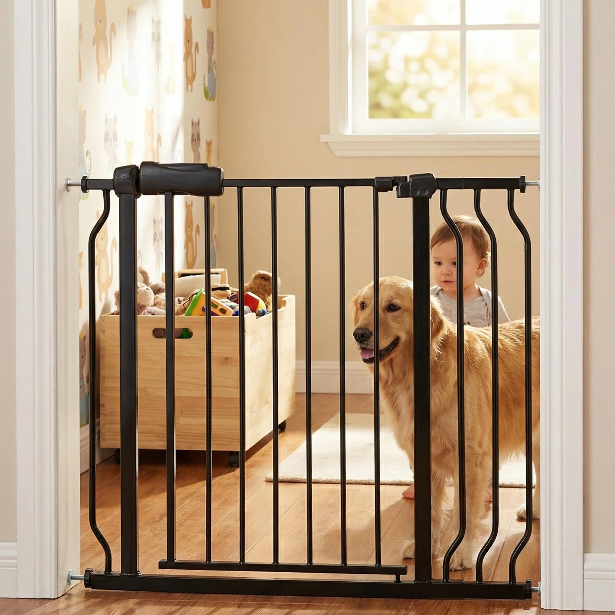 Photo 1 of Vothco Walk Through Baby Gate 29-38.5 Inch Wide Openings Large Baby Gate for Stairs Tension Pet Dog Gates Indoor for Doorways No Drilling Pressure Mounted Pet Gates for Kids
