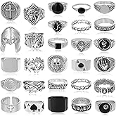 Acruccen 28 Pcs Vintage Silver Punk Rings Set for Men Cool Gothic Chunky Rings Statement Skull Cross Signet Ring Set