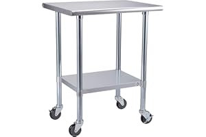 ROCKPOINT Stainless Steel Table for Prep & Work with Caster 30x24 Inches, NSF Metal Commercial Kitchen Table with Adjustable Under Shelf and Table Foot for Restaurant, Home and Hotel