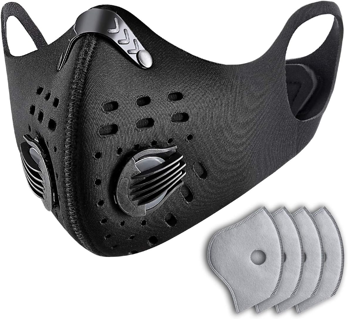 FlyLuoKe Dustproof Dust Mask with 2 Valves and 4 Activated Carbon N99 Filters. Filtration of Dust, Pollen Allergy and PM2.5, for running, biking, and outdoor activitie. (black)