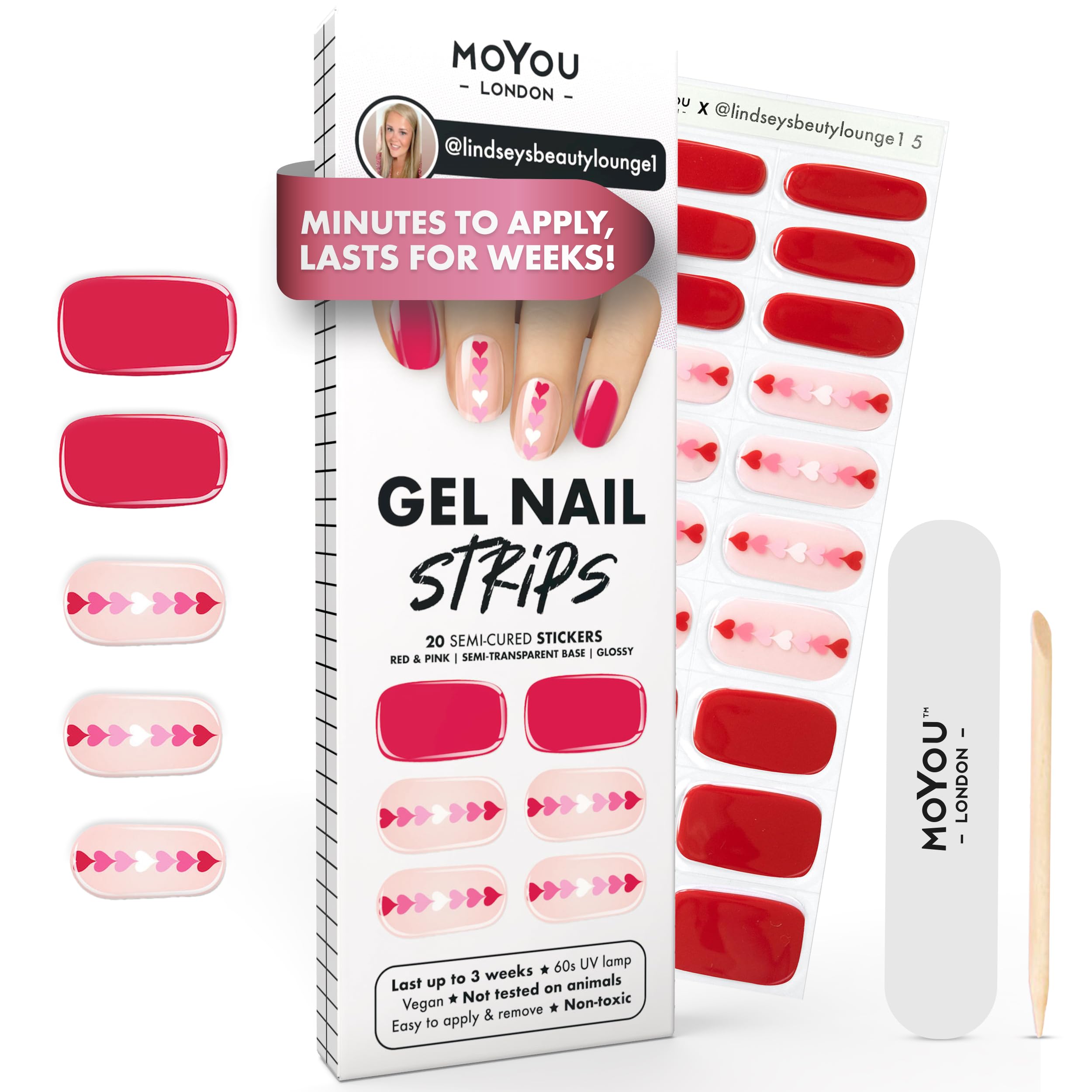 MOYOU LONDON Semi Cured Gel Nail Strips - 20 Pcs. Waterproof Gel Nail Wraps, Cures in Sunlight or UV/LED Lamp, Lasts Up to 2+ Weeks, Stretchable, Easy to Apply & Remove, Vegan & Cruelty-Free