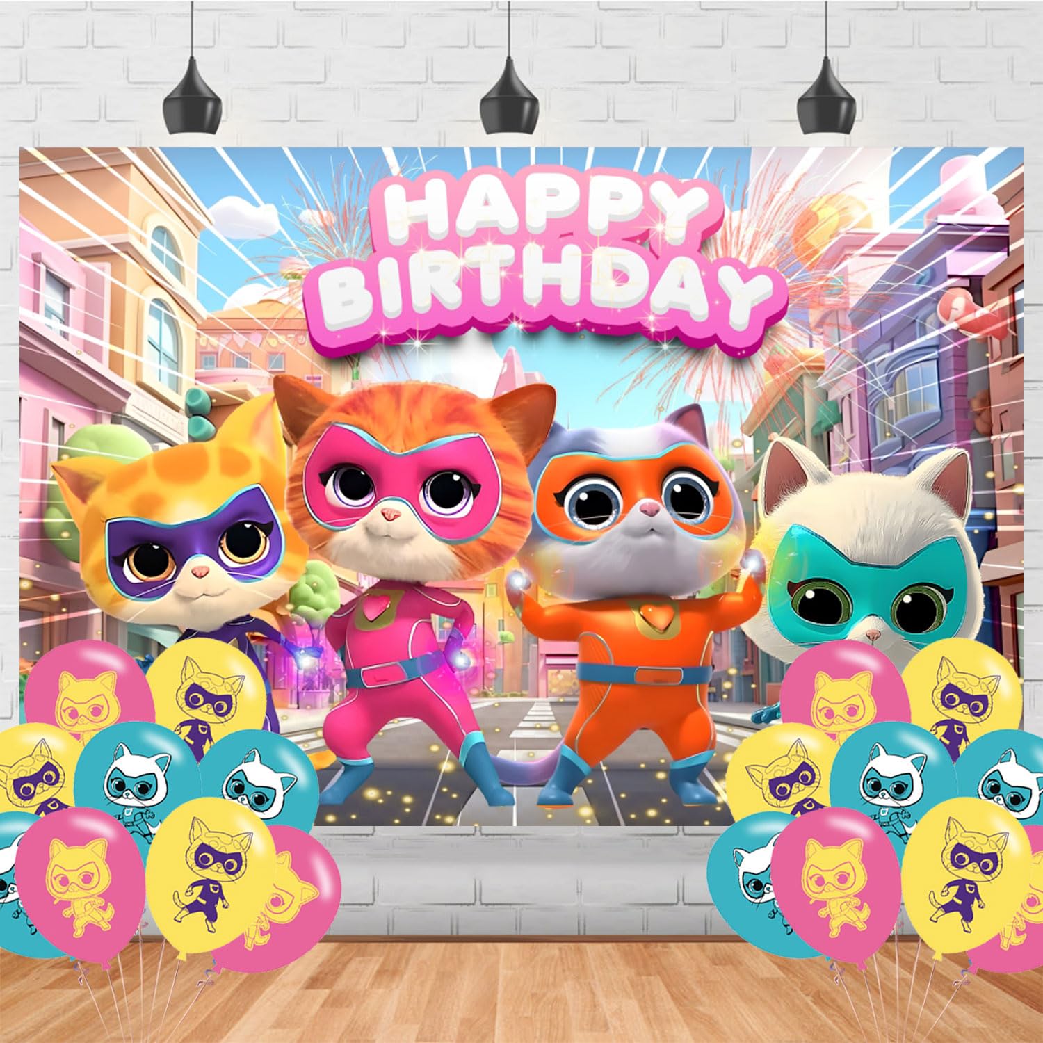 Photo 1 of Super Kitties Birthday Party Backdrop Photo Background Cute Cartoon Cats Birthday Party Decorations Banner Super Kitties Girls Theme Photography Backdrop