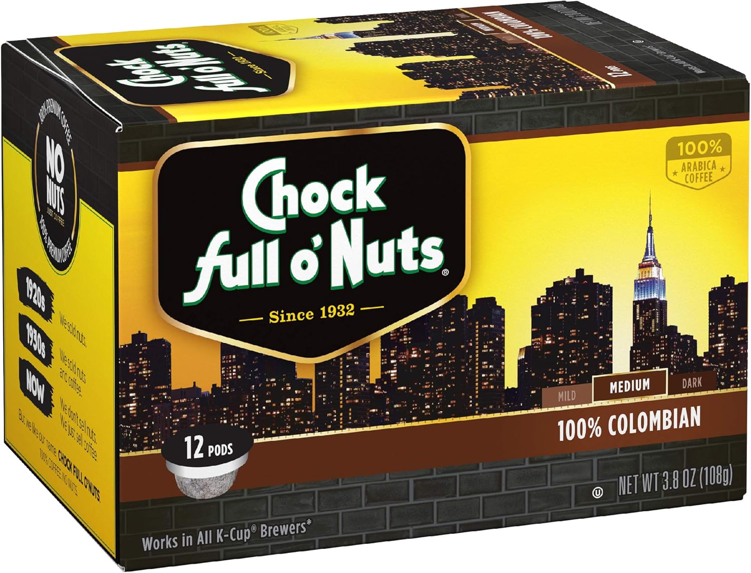 Chock Full o'Nuts Coffee 100 Colombian Medium Roast, 12 Single Serve