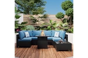 Ophelian 8 Piece Wicker Patio Furniture Set with Fire Pit Table, Rattan Outdoor Sectional Sofa, Patio Couch Set for Backyard, Garden, Deck (Coffee/Peacock Blue)