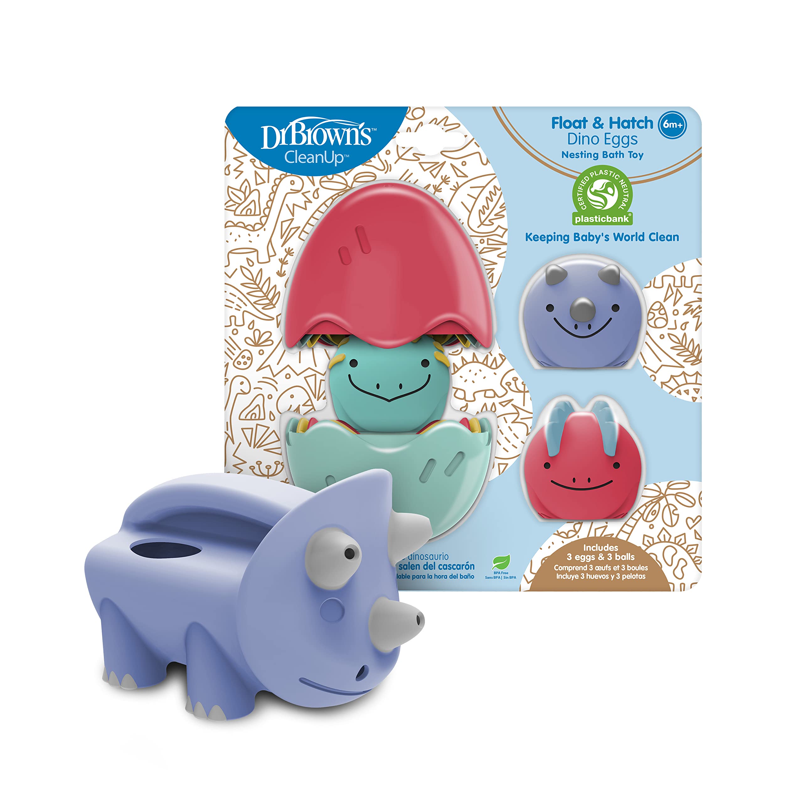 Dr. Brown’s CleanUp Pour & Roar Watering Can 6m+ and Float & Hatch Dino Eggs Nesting Bath Toy, 6m+, BPA Free, Certified Plastic Neutral