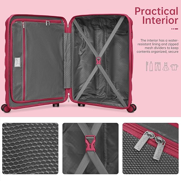 TRIPLAYER CARRY ON LUGGAGE 22X14X9 AIRLINE APPROVED, 22 INCH PP HARDSHELL LUGGAGE CARRY-ON SUITCASE WITH SPINNER WHEELS, CARRY ON SUITCASE SET FOR WOMEN(ROSE RED)