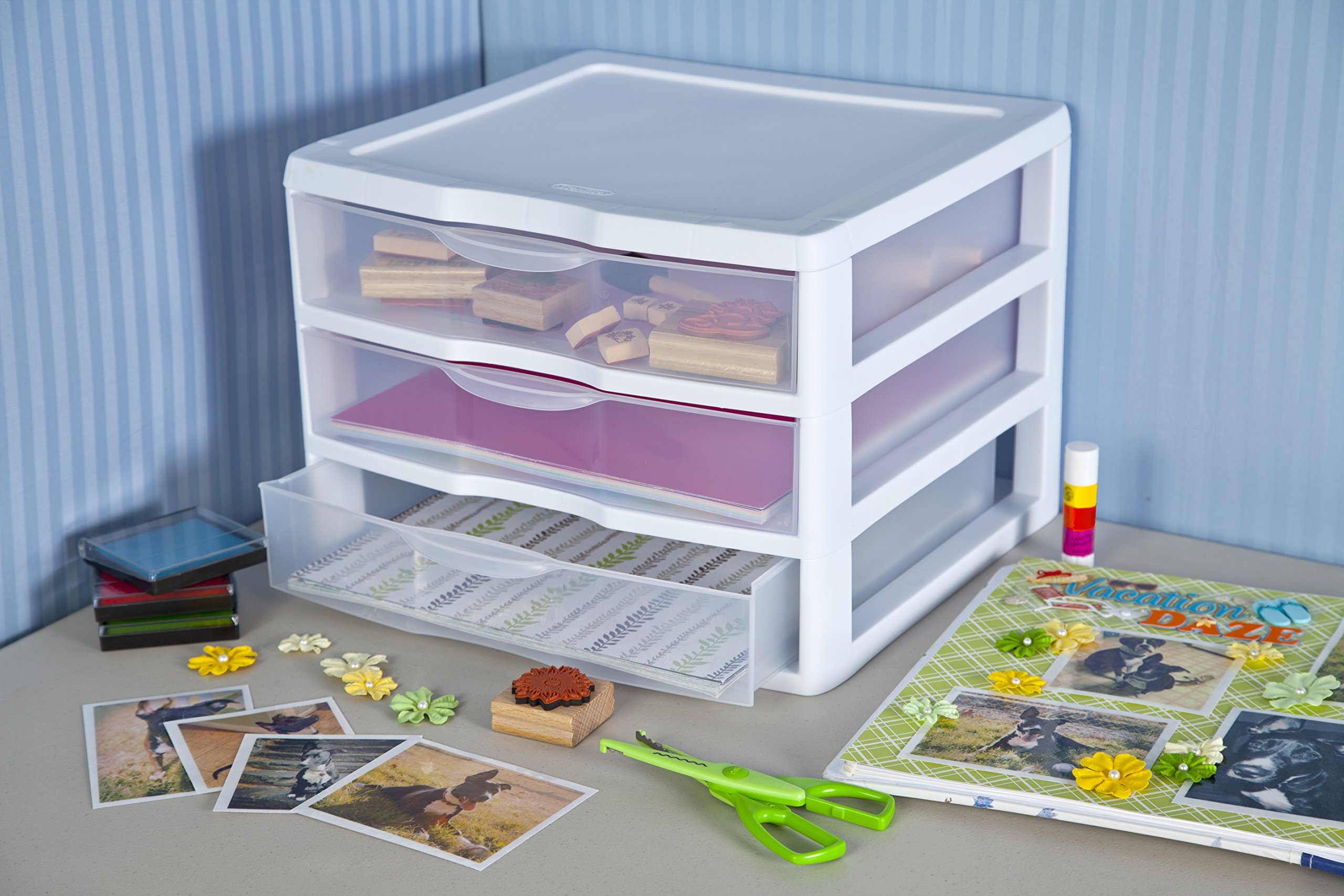 Sterilite 20938003 Wide 3 Drawer Unit, White Frame with Clear Drawers, 3-Pack