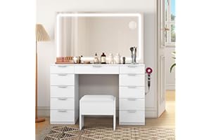 YITAHOME Vanity Desk Set with Large Lighted Mirror and Power Outlet, 46" Makeup Vanity with 11 Drawers and Magnifying Glass, Vanity Desk Set with Storage Bench, 3 Lighting Color Adjustable, Off-White
