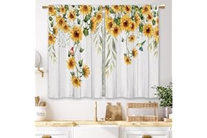 Laifzere Wooden Farmhouse Sunflower Kitchen Curtains Rustic Country Wood Sunflower Small Short Cafe Window Curtains Flower Floral Plant Bathroom Drapes Treatment Tier Curtains 2 Panels (27.5x39 Inch)
