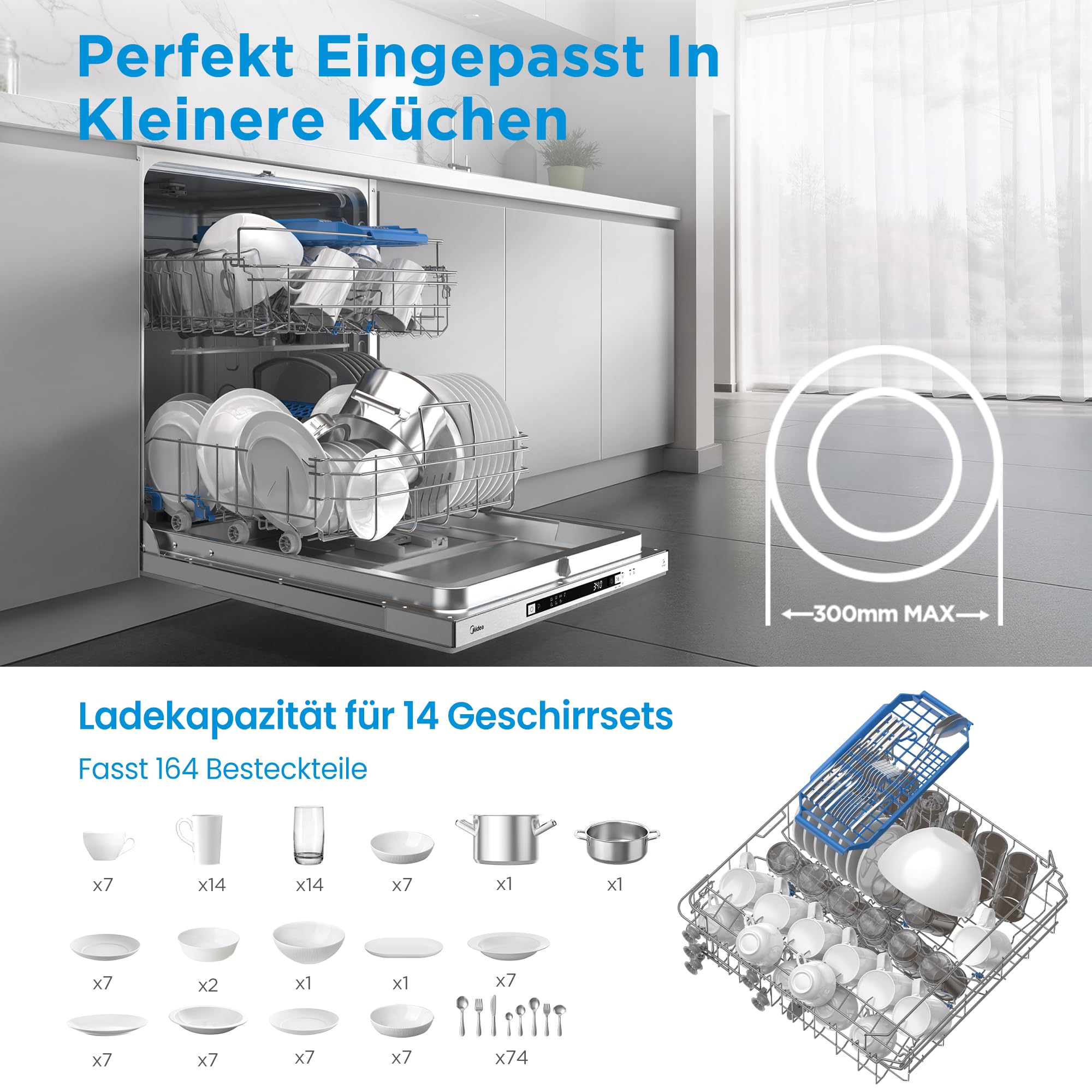 Midea SV 4.60 wi Geschirrspüler Vollintegriert 60cm, 14 Maßgedecke, 8 Programme, Automatische Türöffnung, LED Display, Leise, Vollwasserschutz, Spülmaschine Unterbaufähig 2