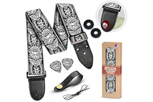 Art Tribute Guitar Strap Royal Black Silver Woven for Bass, Electric & Acoustic - Includes Strap Locks to Keep It Safe & 2 Unique Picks and Pick Pocket Embroidered Adjustable Guitar Strap Gift