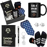 Sunnychicc 7 Pcs Lawyers Gifts Set for Men Include Leather Journal 11 oz Tears of Opposing Counsel Coffee Mug Law Pen Necktie Justice Cufflink Novelty Socks KeyChain Gift for Attorney Judge(Blue)