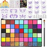 Professional Face Painting Kit for Kids and Adults – 54 Color Water Activated Cosplay Makeup Kit, Non-Toxic Body Paint with Stencils, Gems, Brushes– for Halloween FX, Bday Parties, School Event