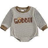 DSOKUHIB Baby Boy Girl Thanksgiving Outfit Gobble Turkey Embroidery Sweatshirt Romper Stripe Waffle Knit Bodysuit Sweater Top