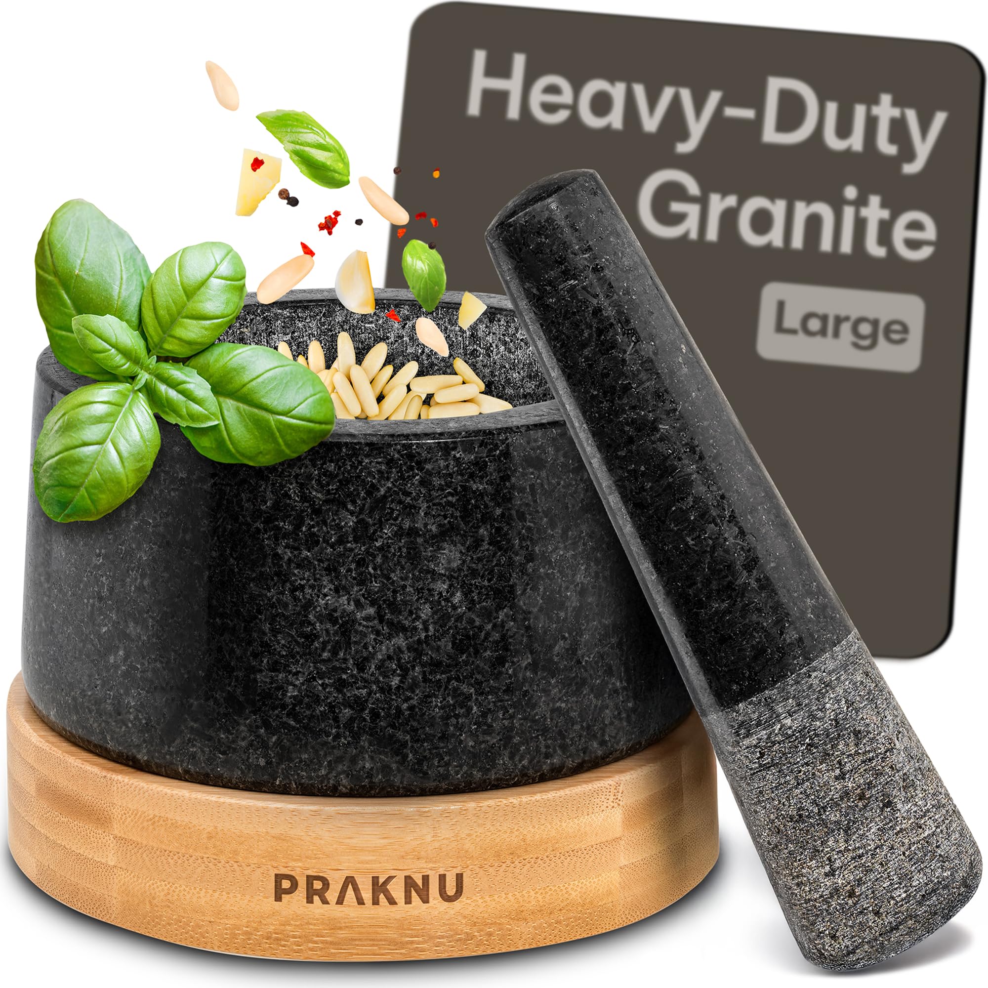 Photo 1 of **Missing parts---PARTIAL SET---**Praknu Mortar and Pestle Set Large 2 Cup - Heavy-Duty Stone Grinder for Spices & Herbs - Durable Granite Molcajete - Guacamole Bowl with Non-Slip Wooden Base - Effortless Grinding & Easy to Clean