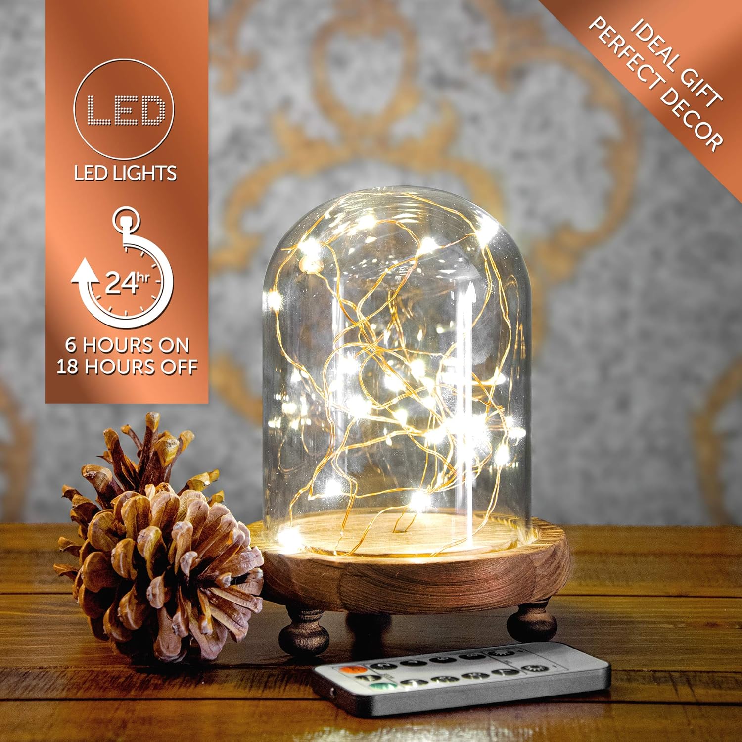 iN Home Copper Wire LED Dome Light with Remote, 20 LED Fairy Lights on 2M Long Copper Wire with Glass Dome and Wooden Base - Image 3