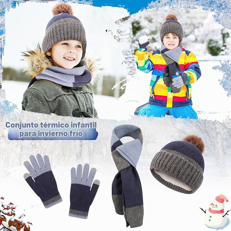 Conjunto de chapéu e cachecol de inverno para crianças, chapéu quente de malha de inverno, aquecedor de pescoço, luvas mágicas às riscas para crianças dos 5 aos 12 anos — foto 6 de 7