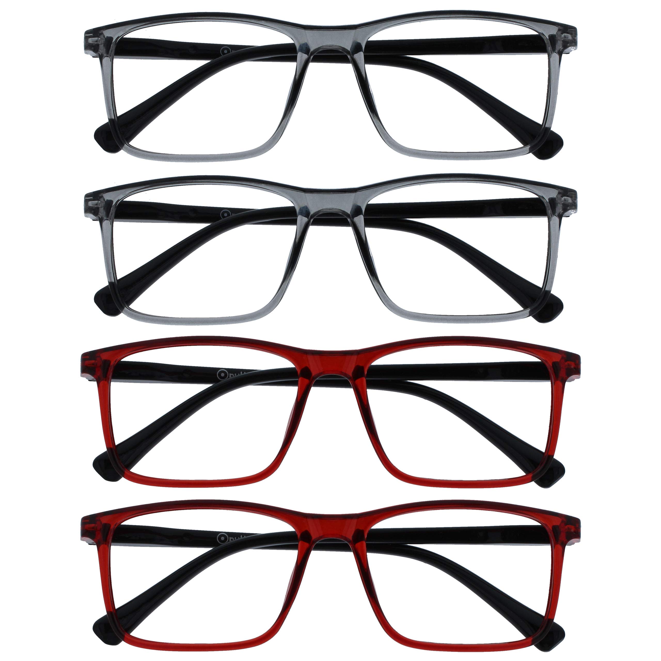 OPULIZE INK Reading Glasses - Value 4 Pack - Large Rectangular Frame - Spring Hinges - Scratch Resistant - Grey Red - Mens Womens +1.00 — image 1