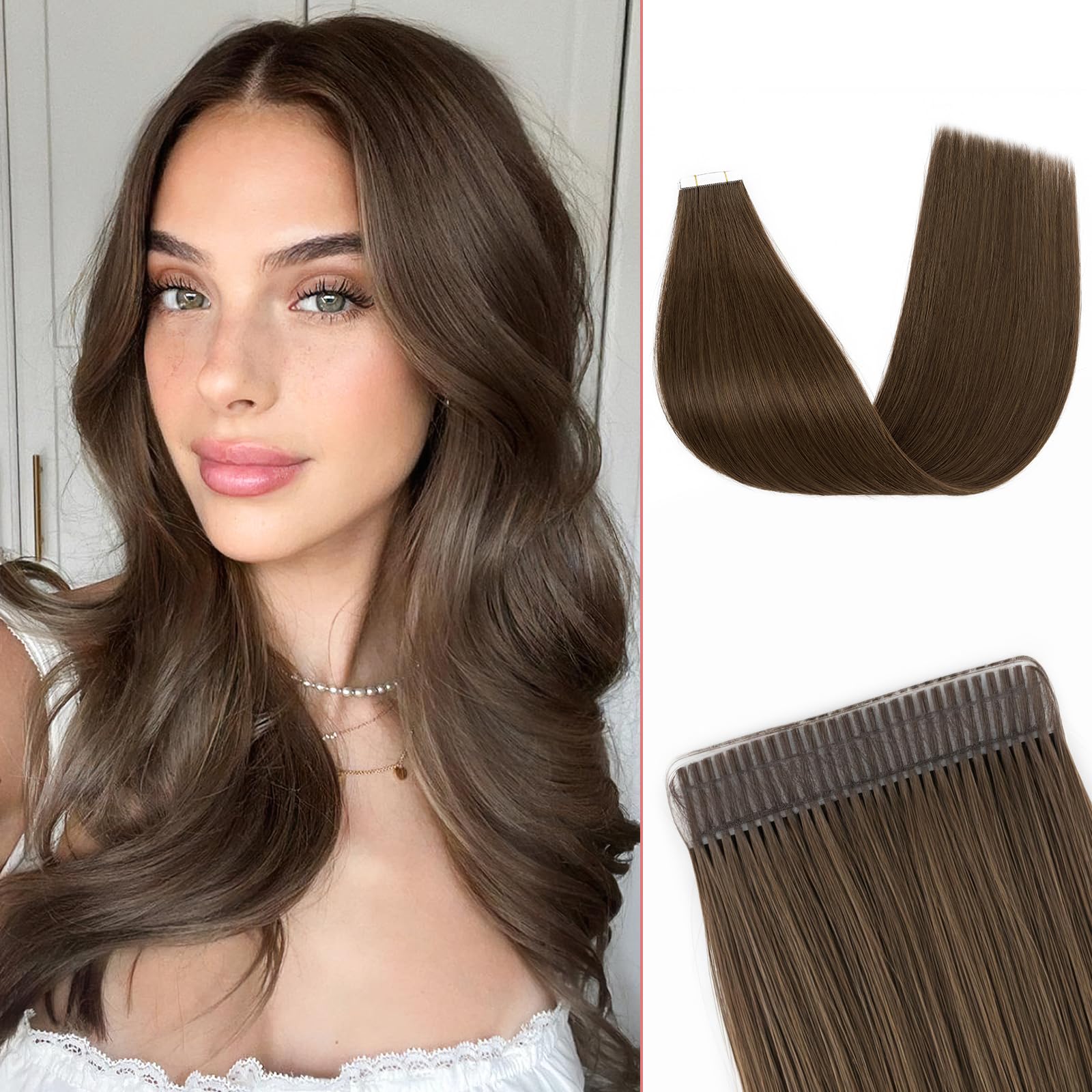 SEGOHAIR Tape in Hair Extensions Human Hair - 20PCS Double Stitched Real Hair 16" Invisible 36g Natural Straight Shiny & Smooth Darkest Brown