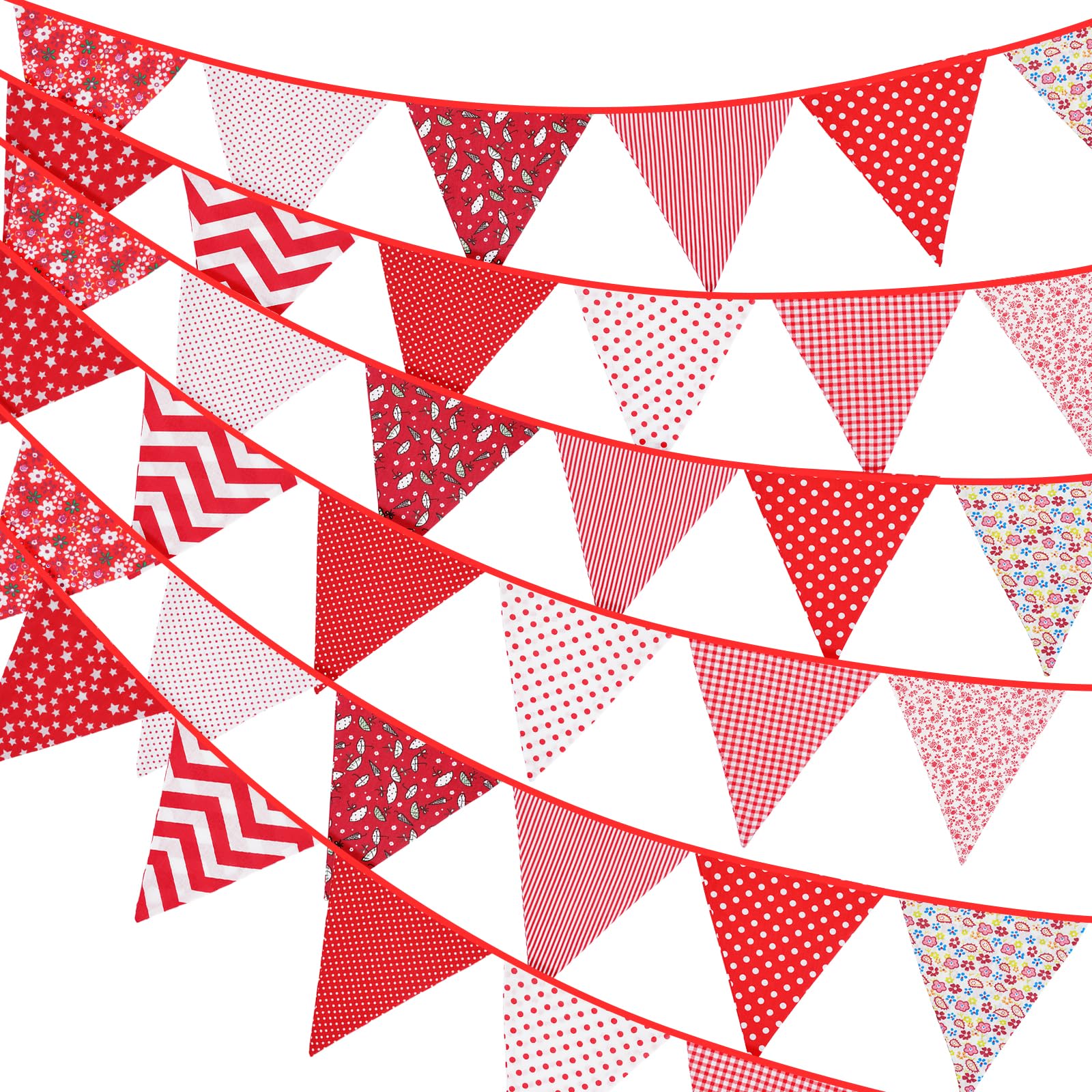 G2PLUS 36PCS Double Sided Fabric Bunting, 10M Red Floral Cotton Banner, 17x19CM Large Triangle Garland Reusable for Indoor and Outdoor Party Decoration — image 1