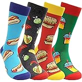 HSELL Mens Funny Dress Socks with Novelty Food Pattern Crazy Fun Design Breathable Cotton Sock Gift for Men (4 Pairs - Tacos/Hotdog/Burger/Beverages)