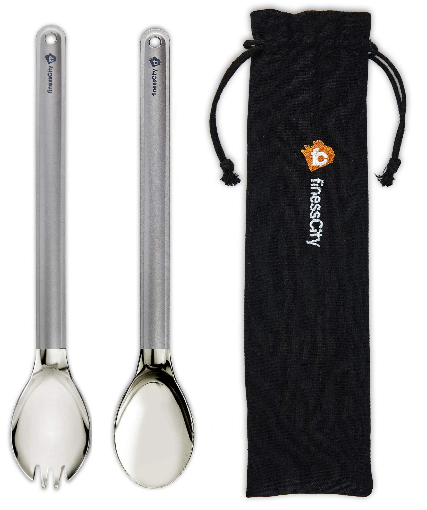 finessCity Titanium Long Handled Spork and Spoon Set - 9.65inch/245mm Ultra Lightweight Long Spoon and Spork with Polished Bowl and Waterproof Cloth Case for Camping, Backpacking and Hiking