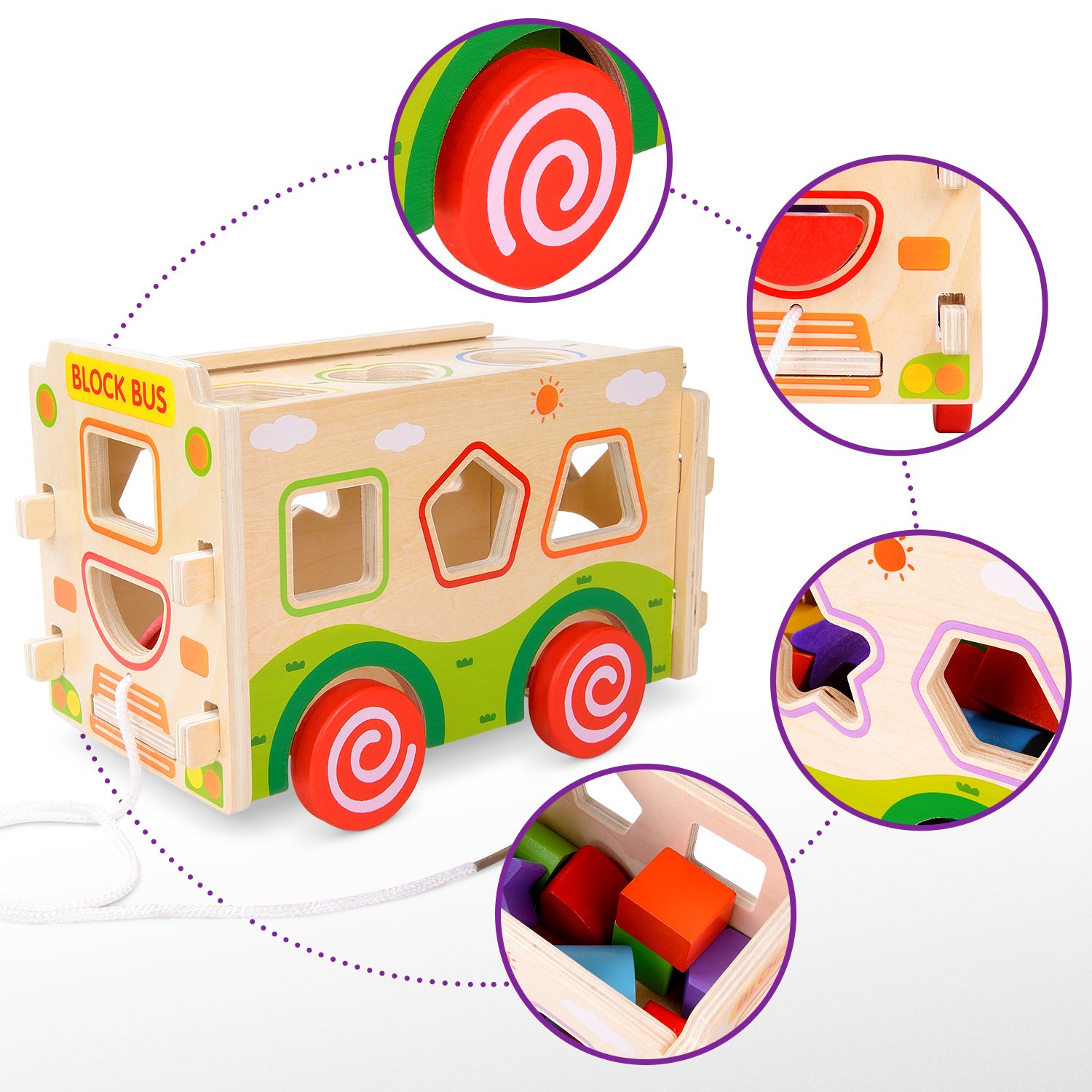 JOYCAT Large Wooden Shape Sorter Bus with Tangram Classic 3D Push Pull Truck Toy for Toddlers
