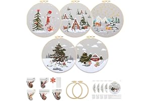 ELASIGNSHOPO 5 Sets Christmas Embroidery Kit for Beginners Adults, Embroidery Starter Kit Xmas Snow Patterns, Winter Embroidery Kit Cross Stitch Kits Includes Instruction Embroidery Hoops Color Threads Needles