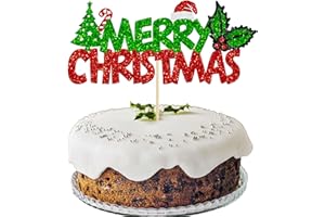 Gyufise 1 Pack Merry Christmas Cake Topper Red Green Glitter Xmas Holiday Cake Decorations for Winter Christmas Santa Happy New Year Party Supply Decoration