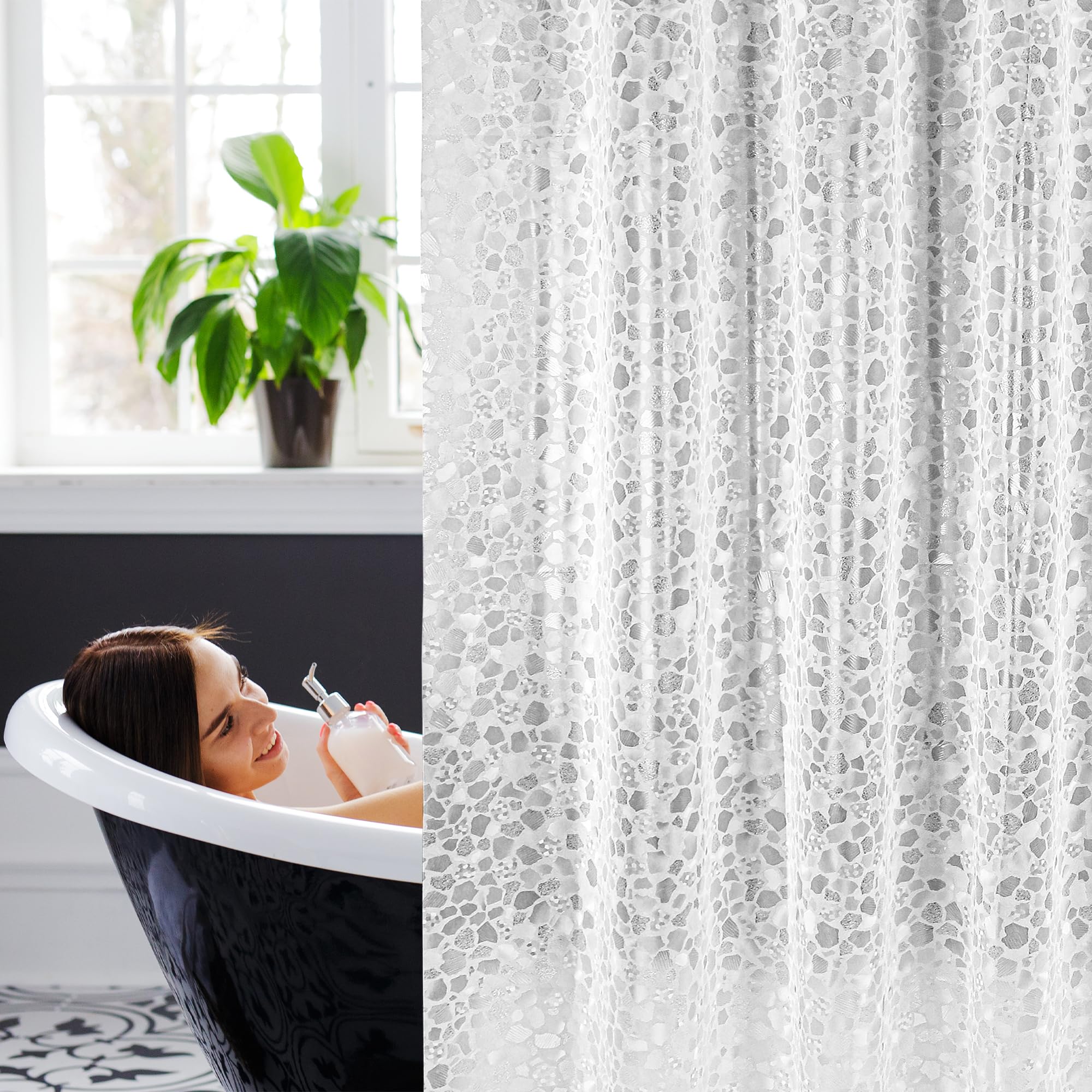 WELTRXE Shower Curtain, Waterproof Shower Curtain Liner, Mould Proof Mildew Resistant, 183 x 183cm, Clear Stone EVA Bathtub Curtain With 12 Grommets and Hooks, Heavy Weighted Magnets Hem