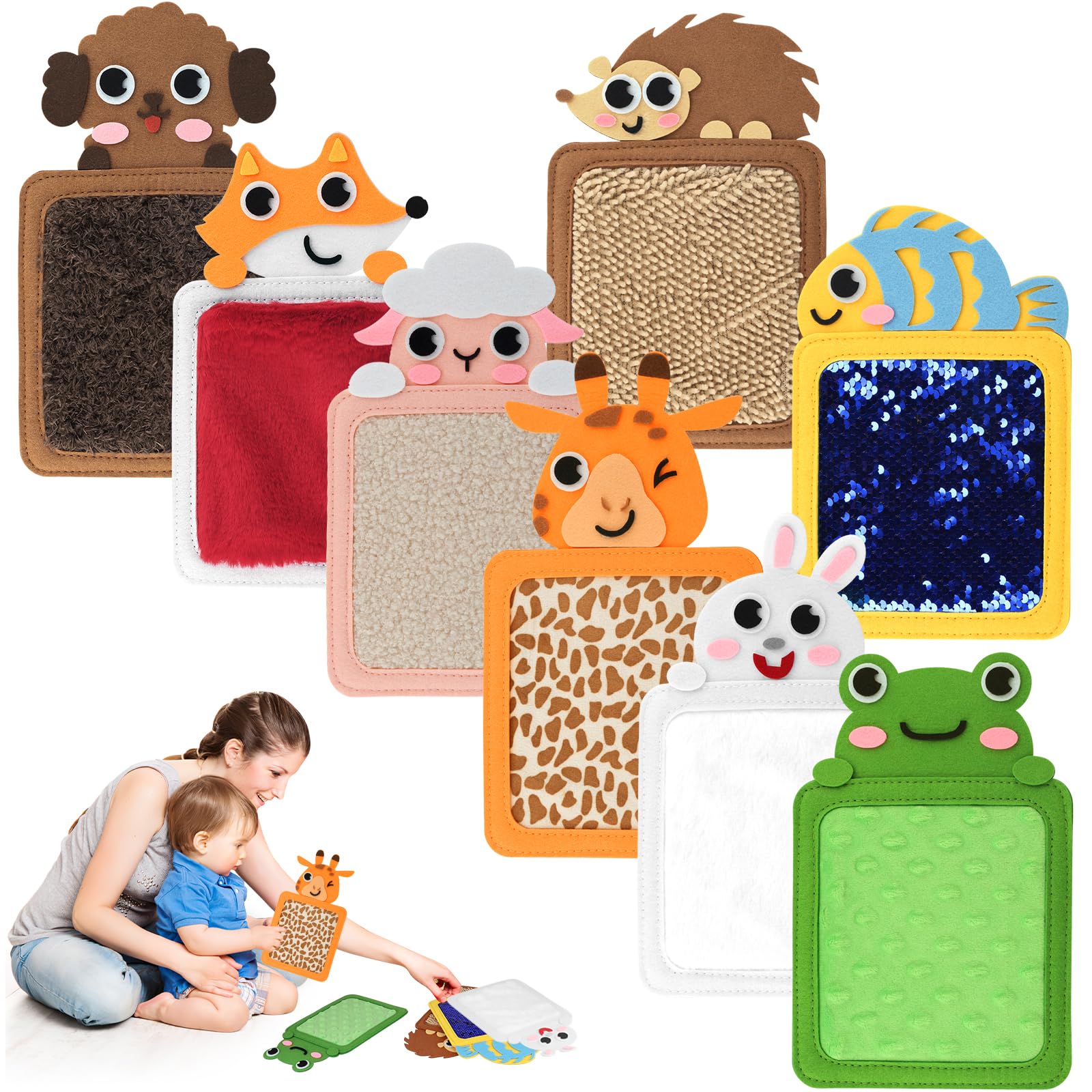 Sensory Mat Toy Kit, 8 PCS Assorted Textured Sensory Floor Tiles, Sensory Wall Panel, Early Sensory Exercise, Cute Animal Fun Tactile Play, Fidget Sensory Toys for Autistic Children Baby Toddler ADHD