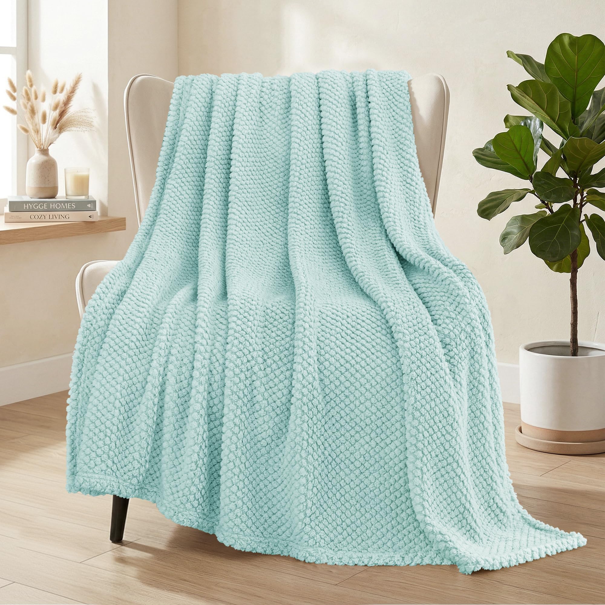 Whale Flotilla Large Fuzzy Fleece Throw Blanket for Sofa, 130x180 CM Fluffy Warm Soft Jacquard Blankets for All Season, Lightweight and Cozy, Light Blue