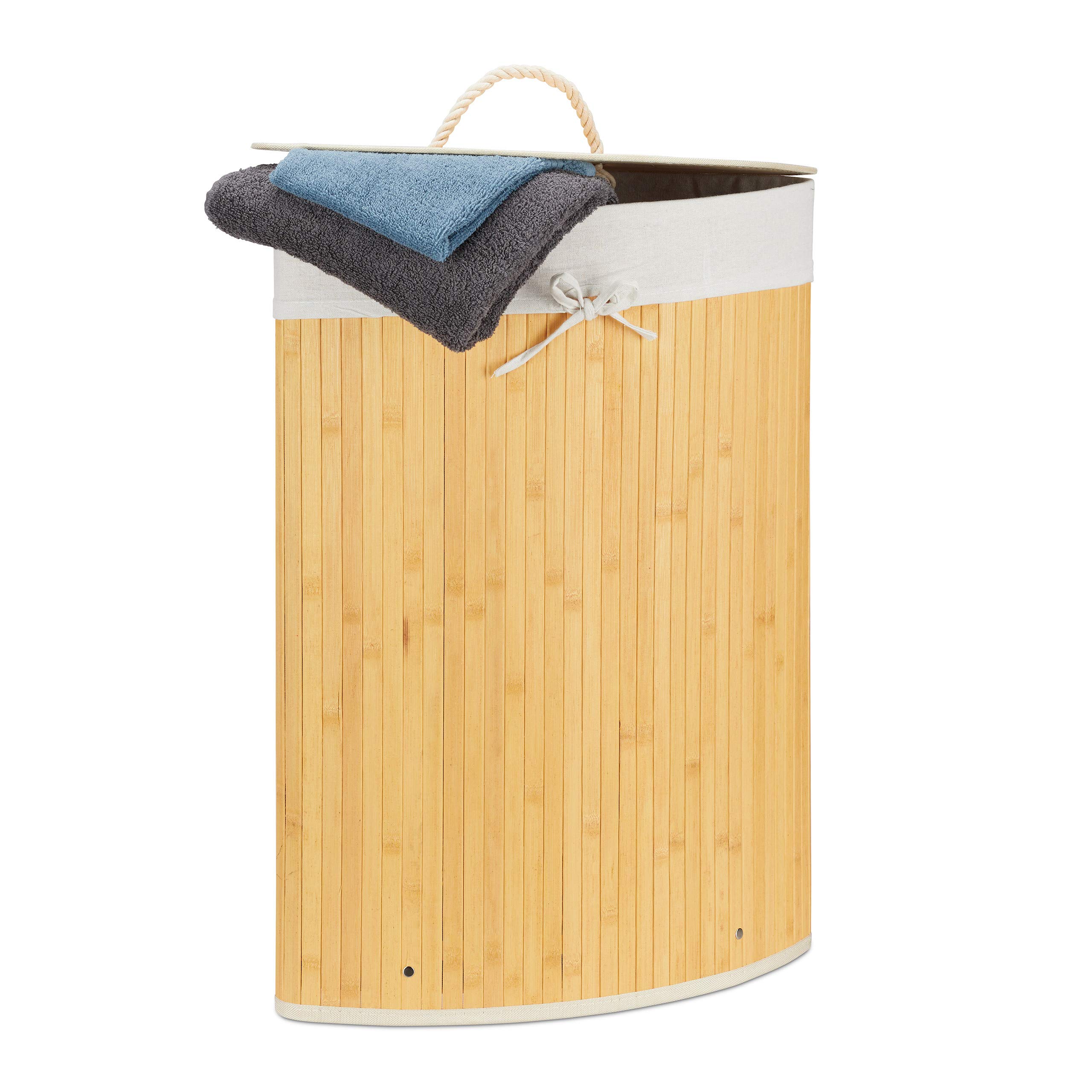Relaxdays Bamboo Corner Laundry Basket, 65 x 49.5 x 37 cm, 64L, Folding Hamper with Laundry Sack, Creme
