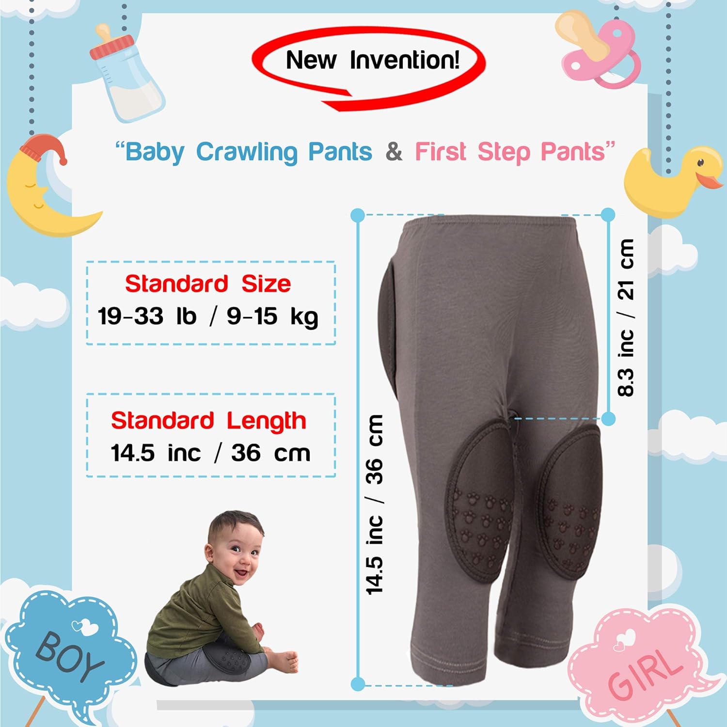 Sevi Baby Protective Pants for Babies, Padded Pants for Toddler, Patented Crawling Pants for Babies (Made in Turkey) - Gray: Clothing