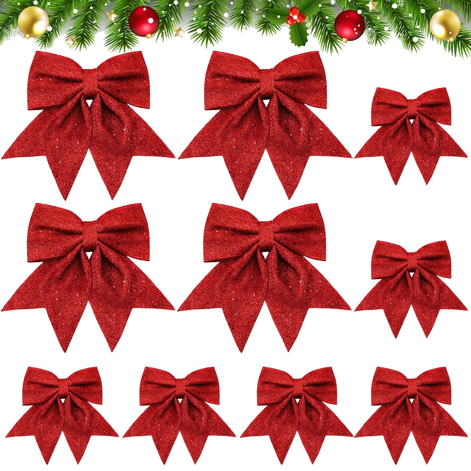 SEPGLITTER Red Christmas Bows, 10 Packs, 9.45 x 8.27 in & 5.9 x 4.7 in, Plastic, Classic Style, Glittery Surface, Multi-purpose Use, Christmas Tree Ornament