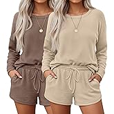 Neer 2 Pack Women's Waffle Knit Pajama Sets Long Sleeve and Shorts Pajama Set Matching PJ Loungewear Sweatsuit with Pockets