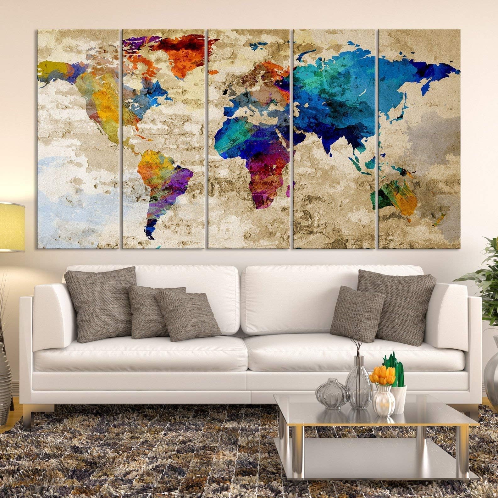 World Map Canvas Wall Art, Large Map of World Canvas Art Print for Home Decor Framed Push Pin World Map Travel Map Living Room Dining Room Home Office Decor Artwork Painting on Canvas (Wall Art - 5)