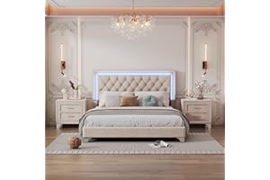 Flieks Bedroom Sets, 3-Pieces Bedroom Sets, Queen Size Upholstered Platform Bed with LED Lights and 2 Nightstands, Beige