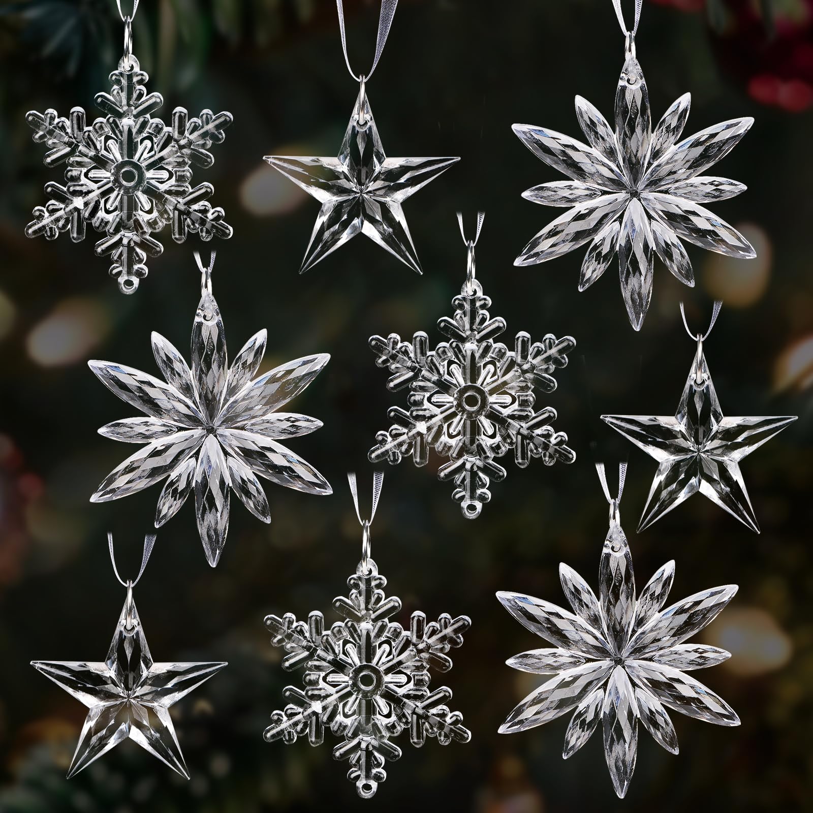 9 pcs Christmas Decorations Acrylic Snowflakes Star Ornaments with Ribbons Clear Christmas Hanging Snowflakes Star Pendants for Xmas Tree Decorations DIY Crafts Supplies
