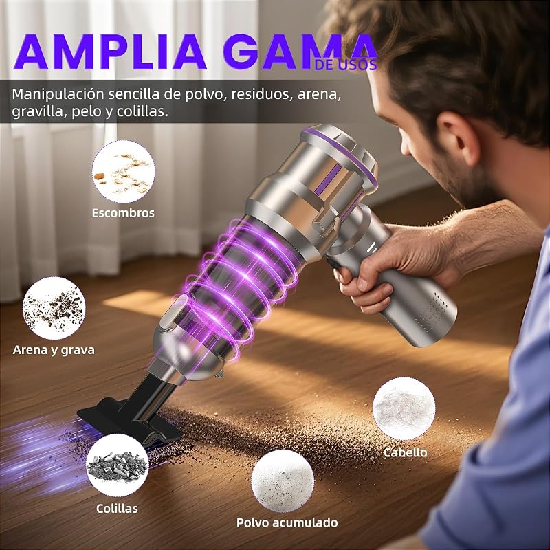 Aspirador de Mano, 25000Pa Aspiradora sin Cable Coche con Descarga de Polvo Automática con un Toque, 4 en 1 Aspirador Coche, Motor sin Escobillas, 3 Niveles, Ideal para Pelo de Mascotas, Coche, Hogar — foto 6 de 7