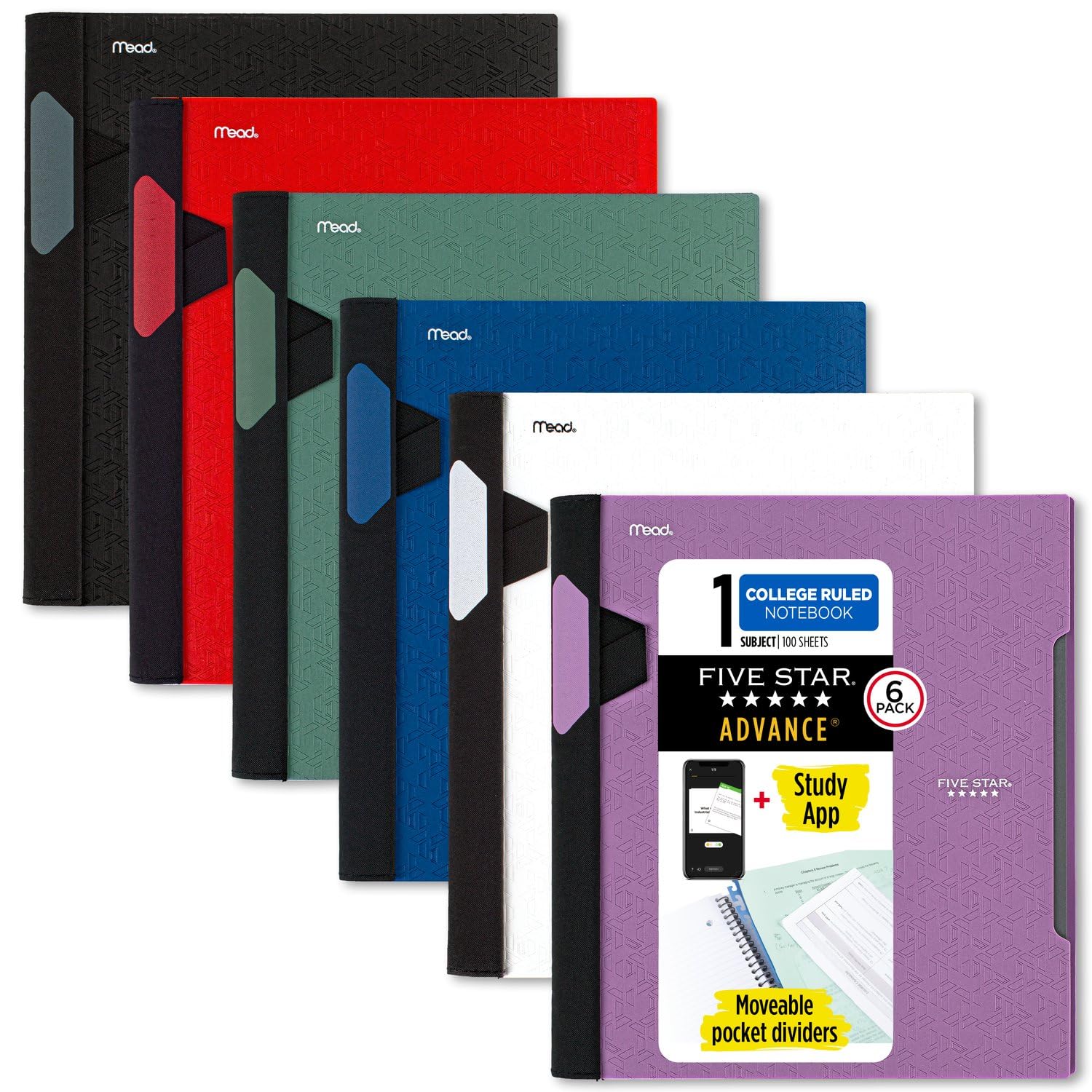 Five Star Advance Spiral Notebooks + Study App, 6 Pack, 1 Subject, College Ruled Paper, 11" x 8-1/2", 100 Sheets, with Spiral Guard and Movable Dividers, Black, Red, Blue, Green, White, Purple (38635)
